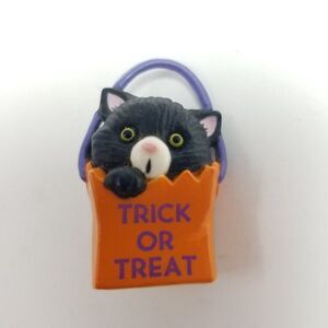 Vintage Halloween Black Cat in OrangeTrick or Treat Bag Cute Retro 80s Lapel Pin